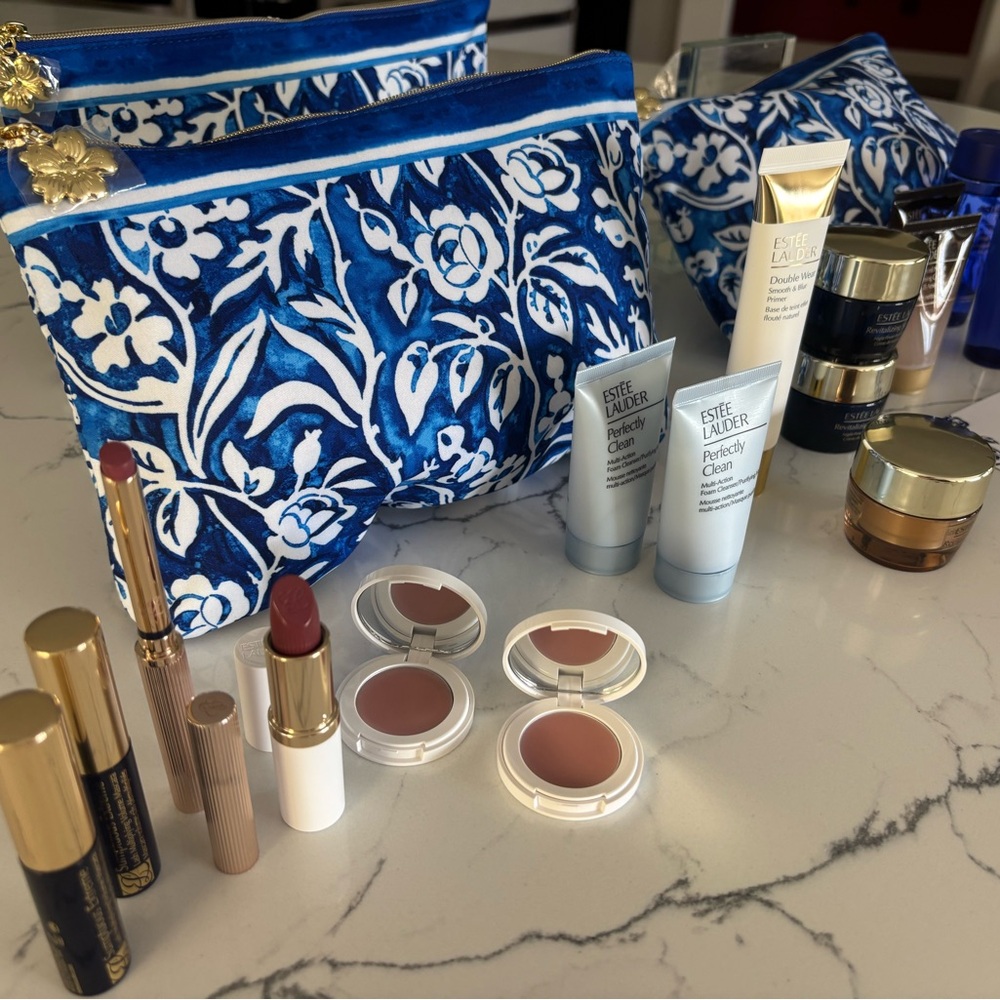 Estee Lauder Blue Floral Bags with Skincare and Makeup Collection